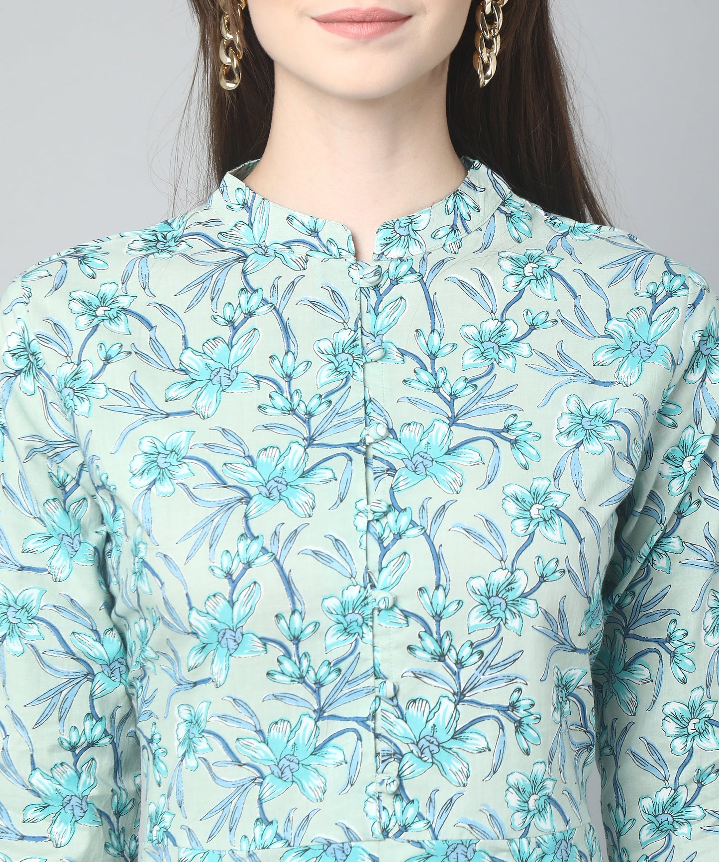 Printed Floral Cotton Peplum Top,Blue