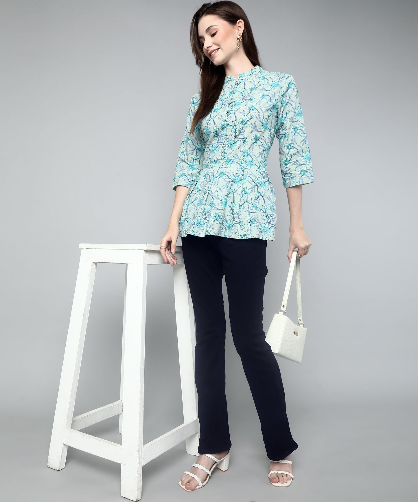 Printed Floral Cotton Peplum Top,Blue