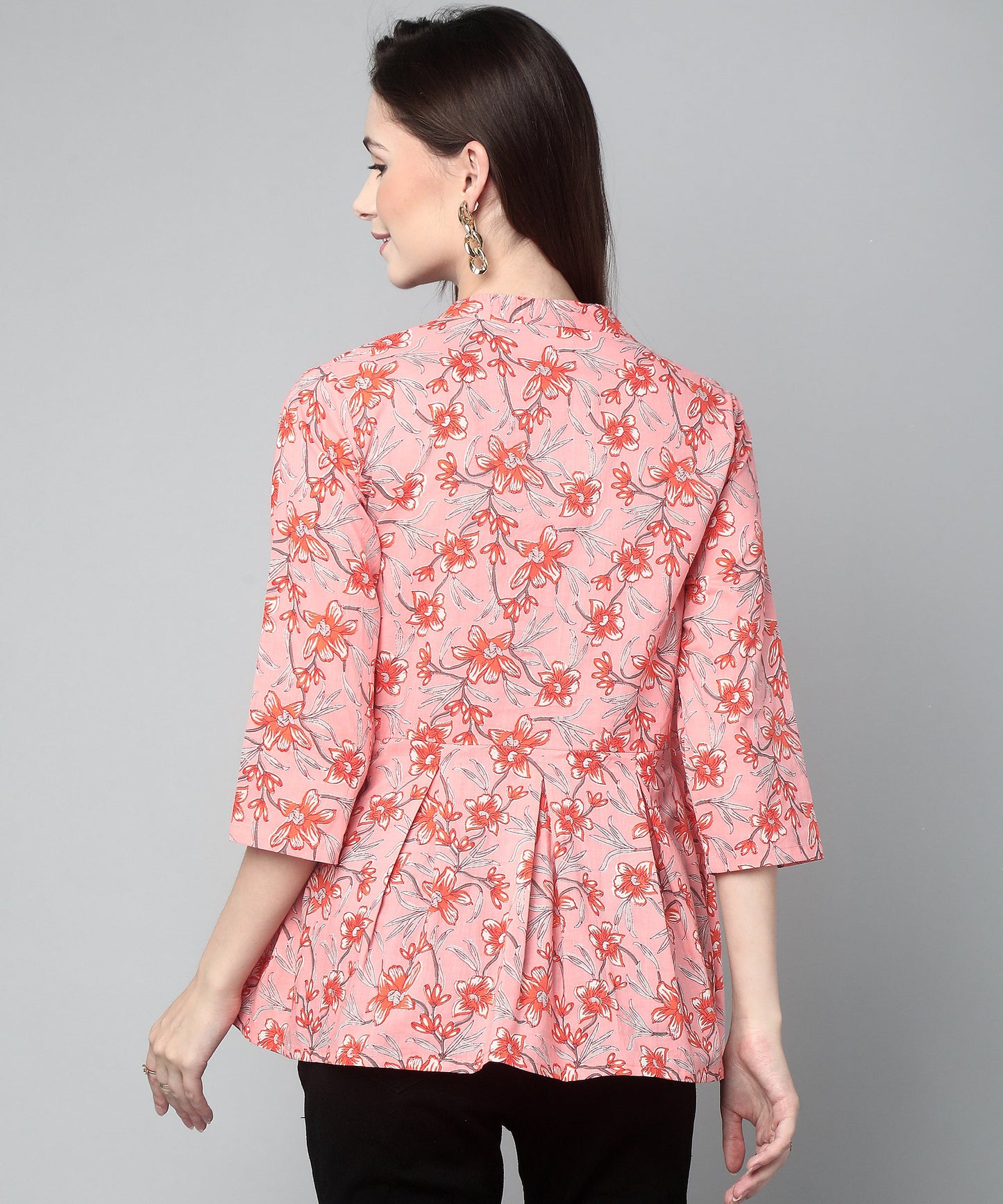 Printed Floral Cotton Peplum Top,Pink