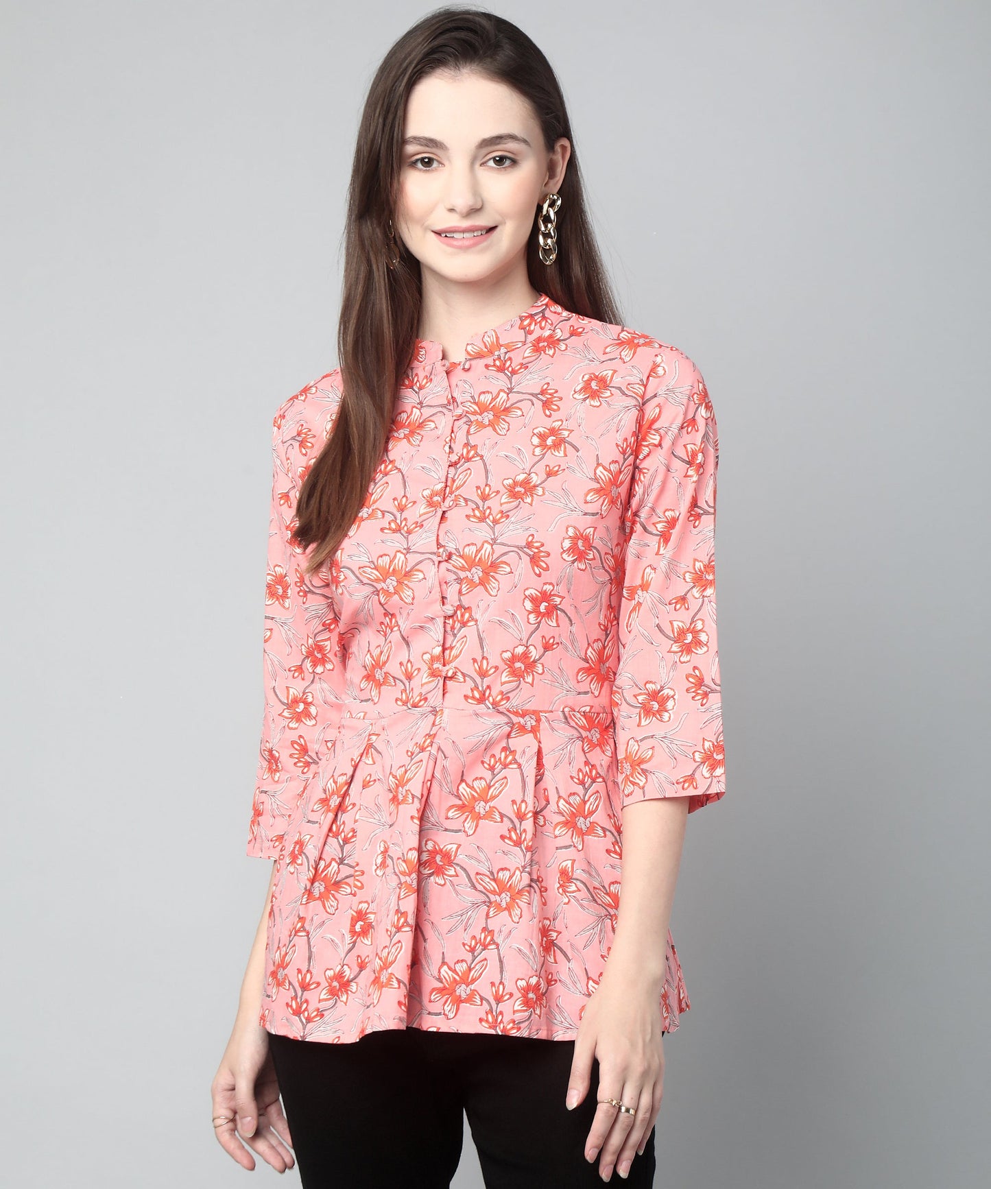 Printed Floral Cotton Peplum Top,Pink