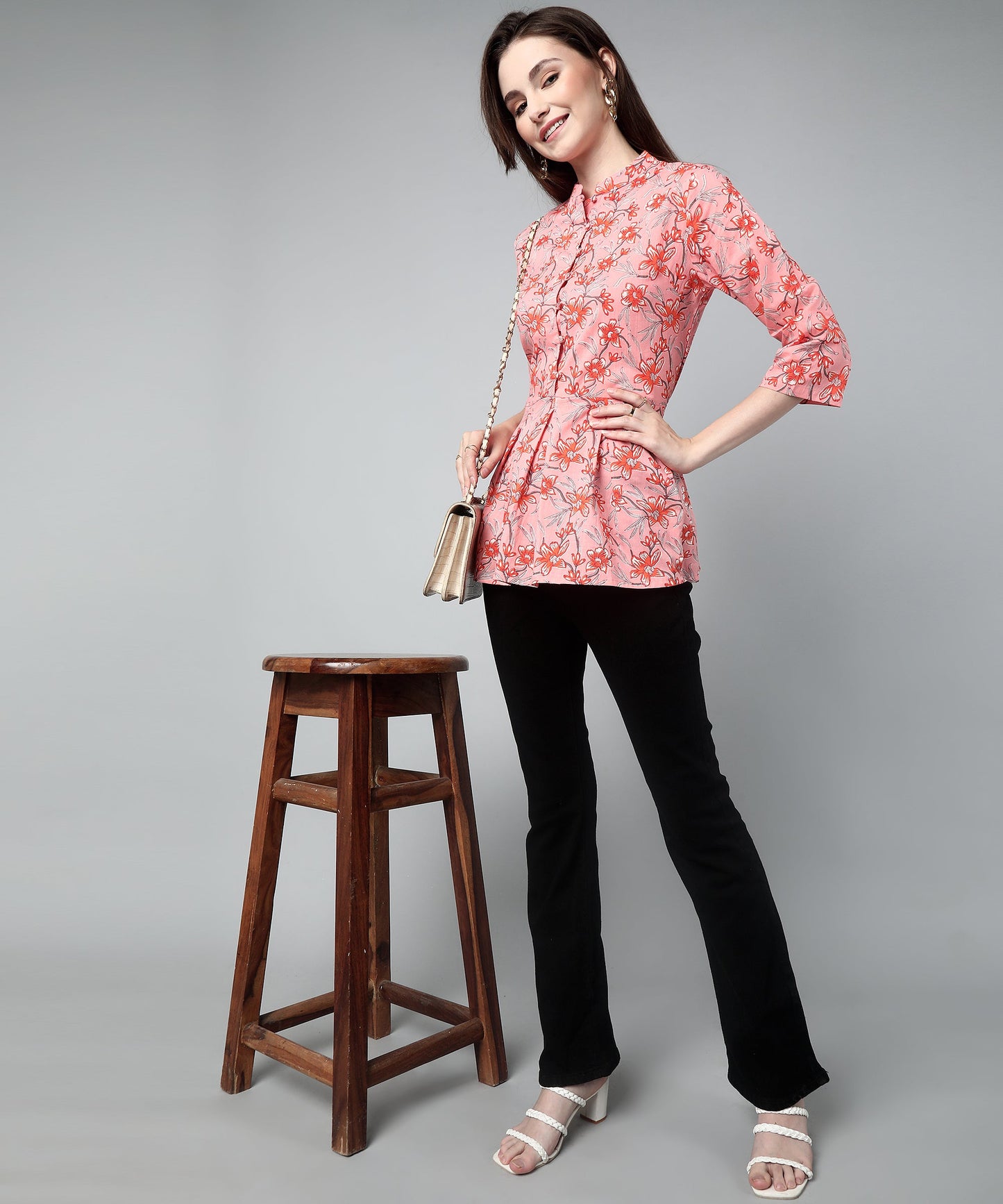 Printed Floral Cotton Peplum Top,Pink