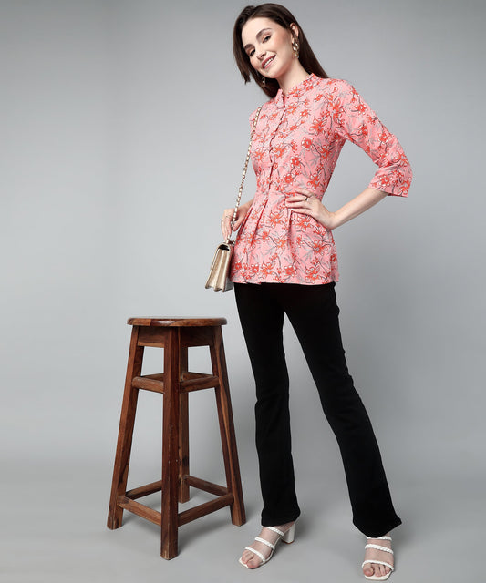 Printed Floral Cotton Peplum Top,Pink