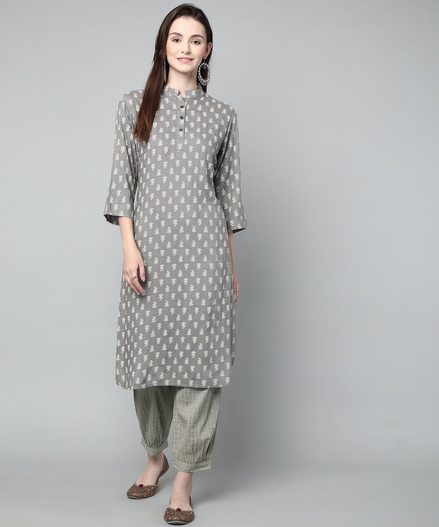 Printed Cotton Rayon Patiala Set, Grey