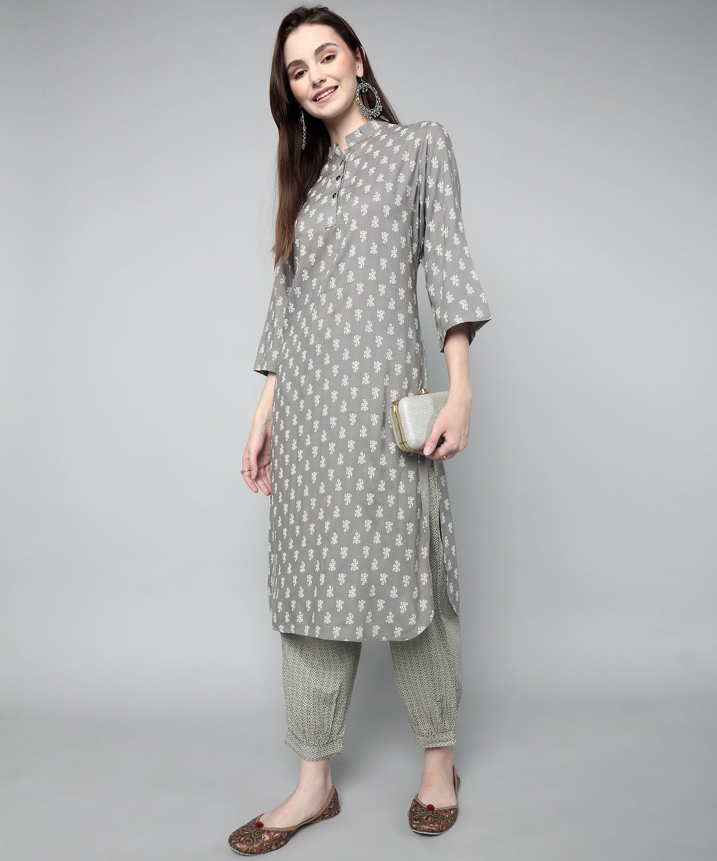 Printed Cotton Rayon Patiala Set, Grey