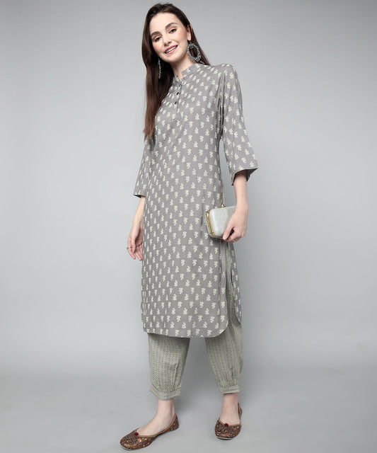 Printed Cotton Rayon Patiala Set, Grey