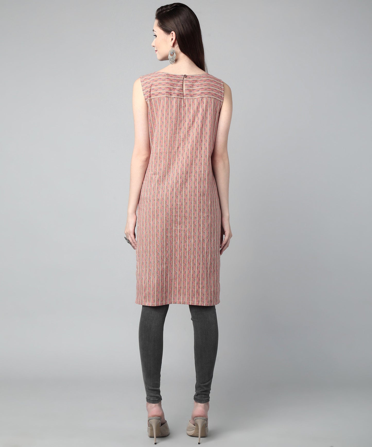 Sleeveless Striped Printed Cotton Kurta, Brown