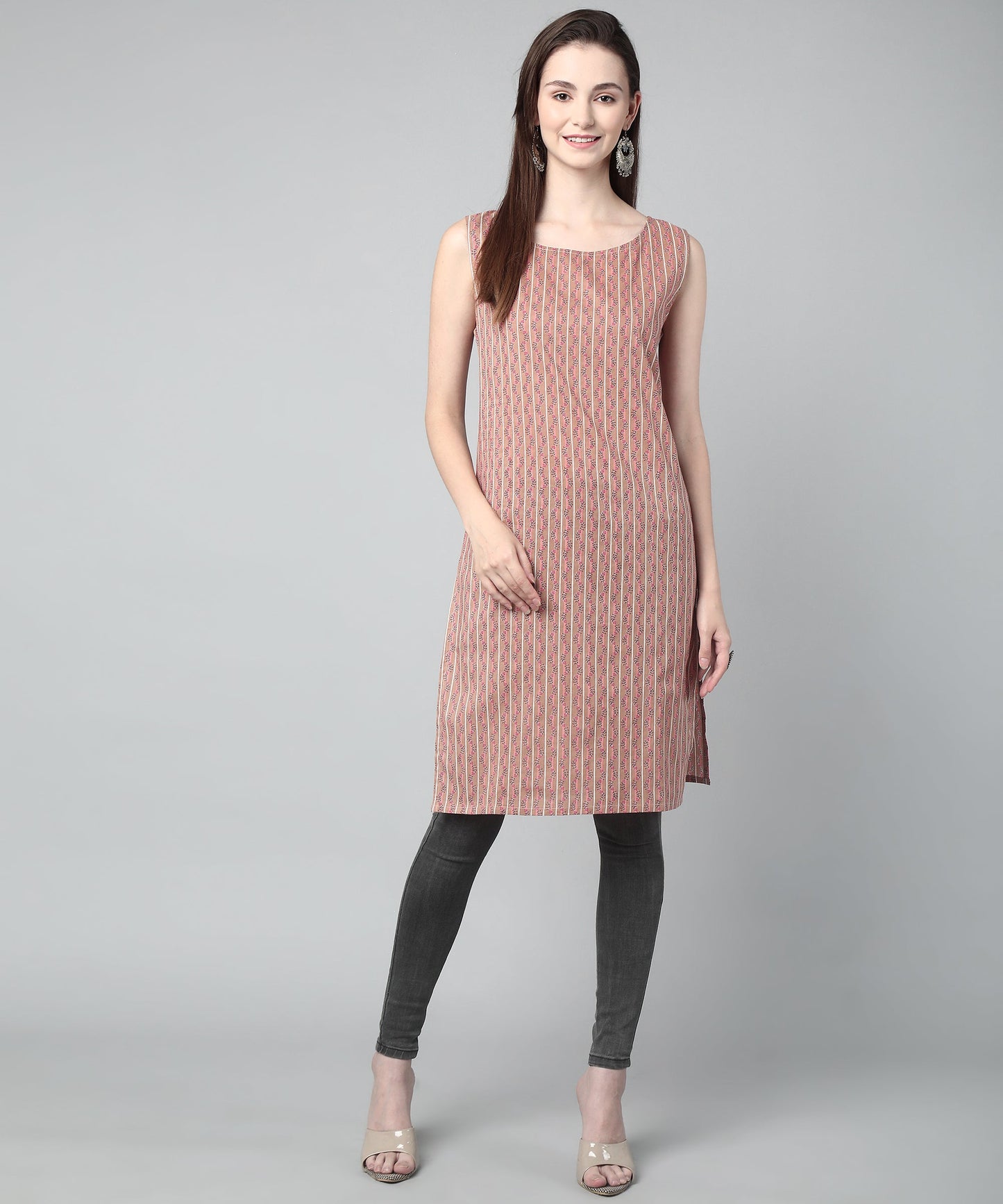 Sleeveless Striped Printed Cotton Kurta, Brown