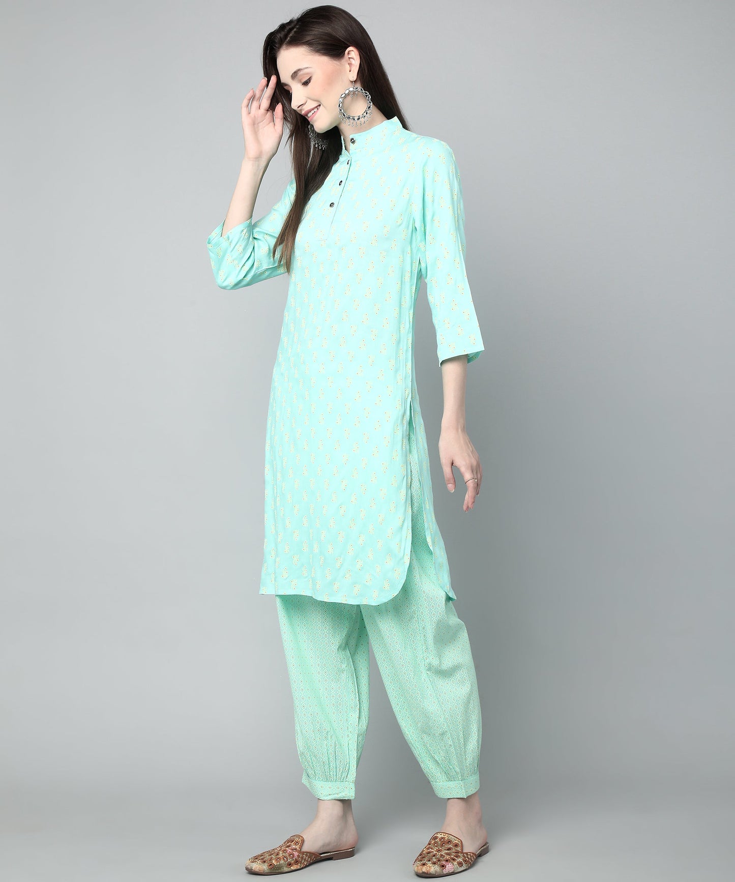 Printed Cotton Rayon Patiala Set, Blue