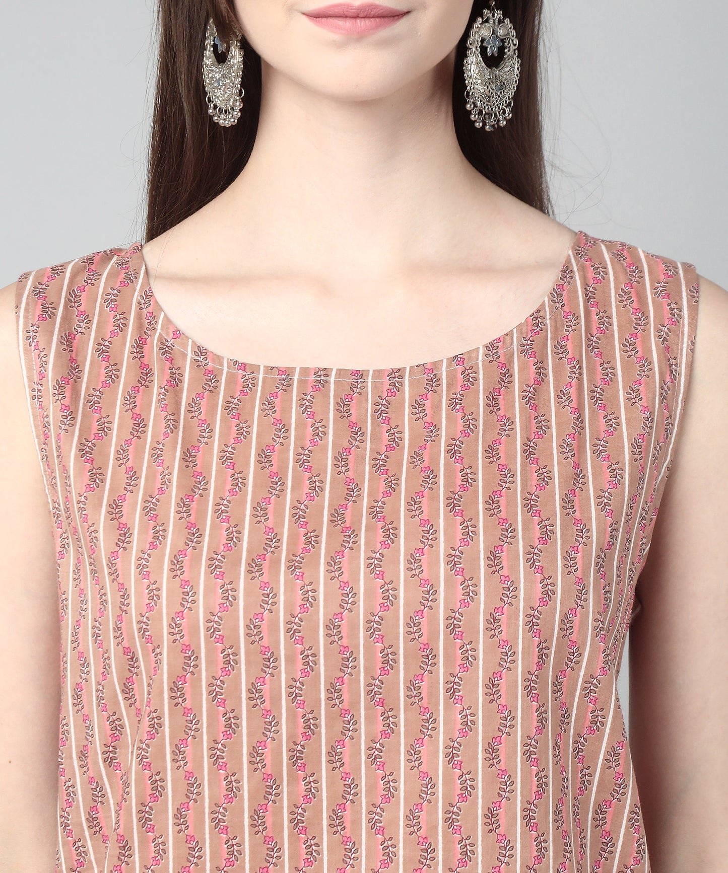 Sleeveless Striped Printed Cotton Kurta, Brown