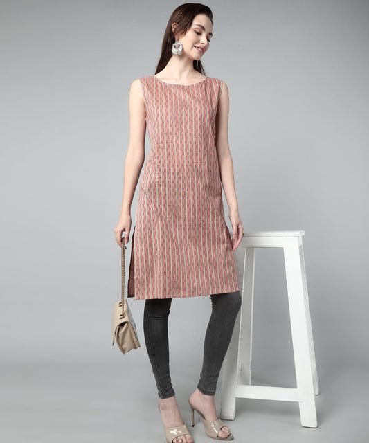 Sleeveless Striped Printed Cotton Kurta, Brown