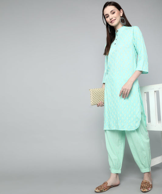 Printed Cotton Rayon Patiala Set, Blue