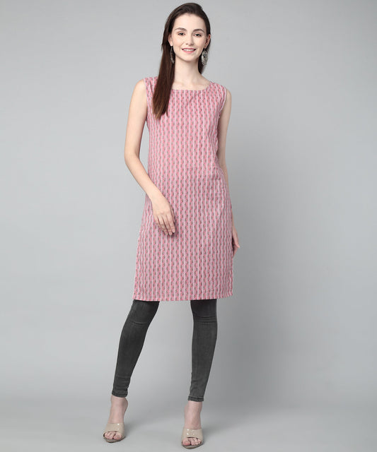Sleeveless Striped Printed Cotton Kurta, Pink