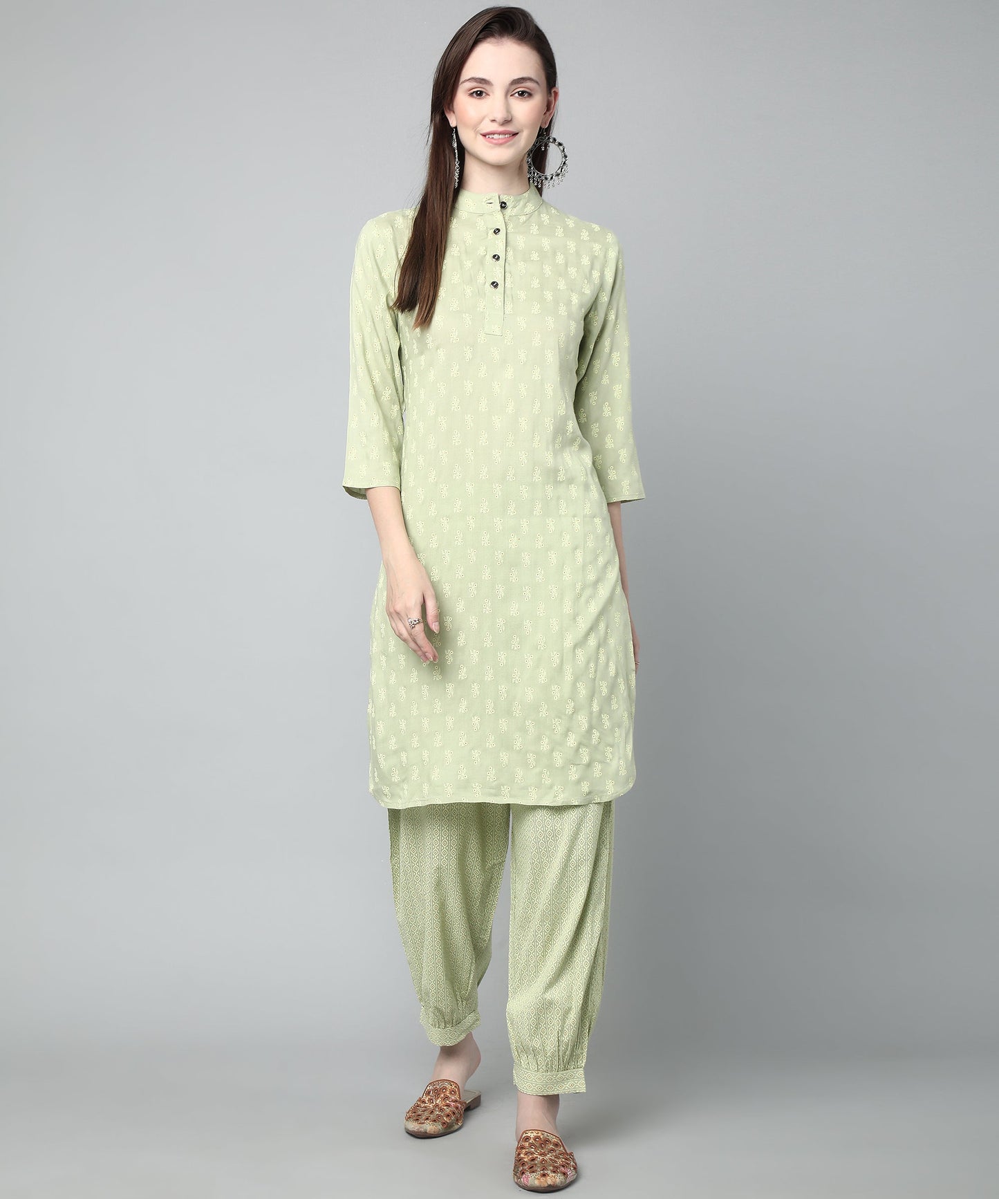 Printed Cotton Rayon Patiala Set, Light Green