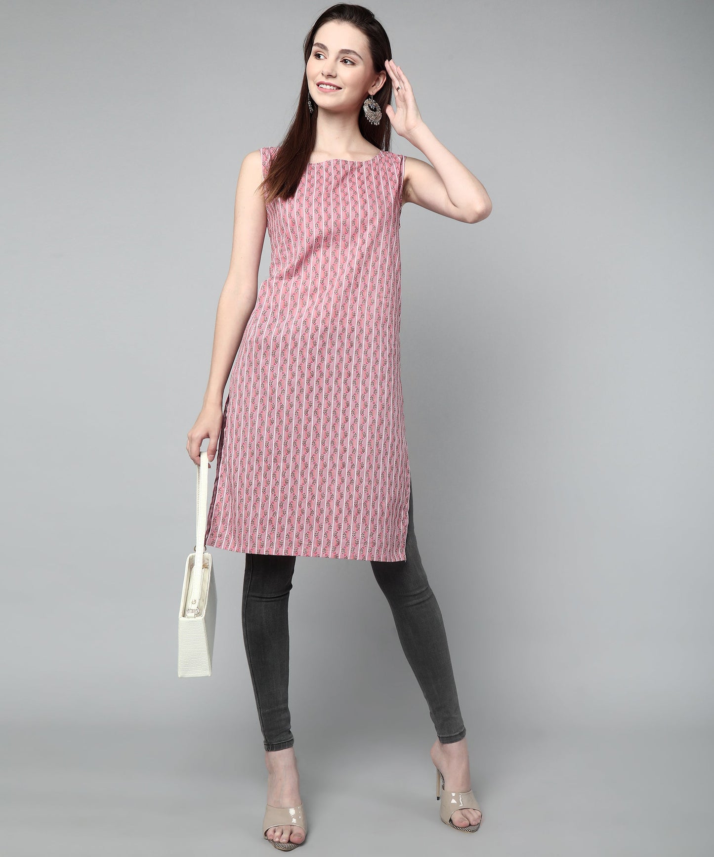 Sleeveless Striped Printed Cotton Kurta, Pink