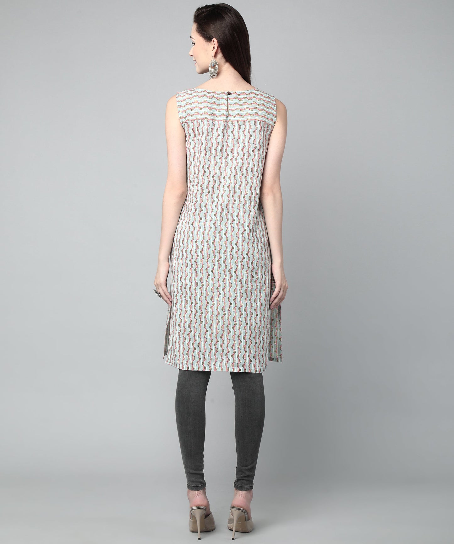 Sleeveless Striped Printed Cotton Kurta, Blue