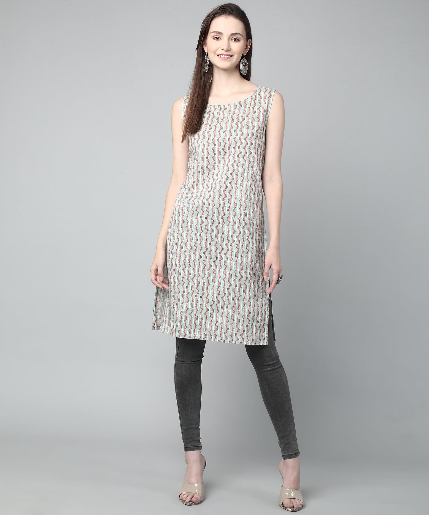 Sleeveless Striped Printed Cotton Kurta, Blue