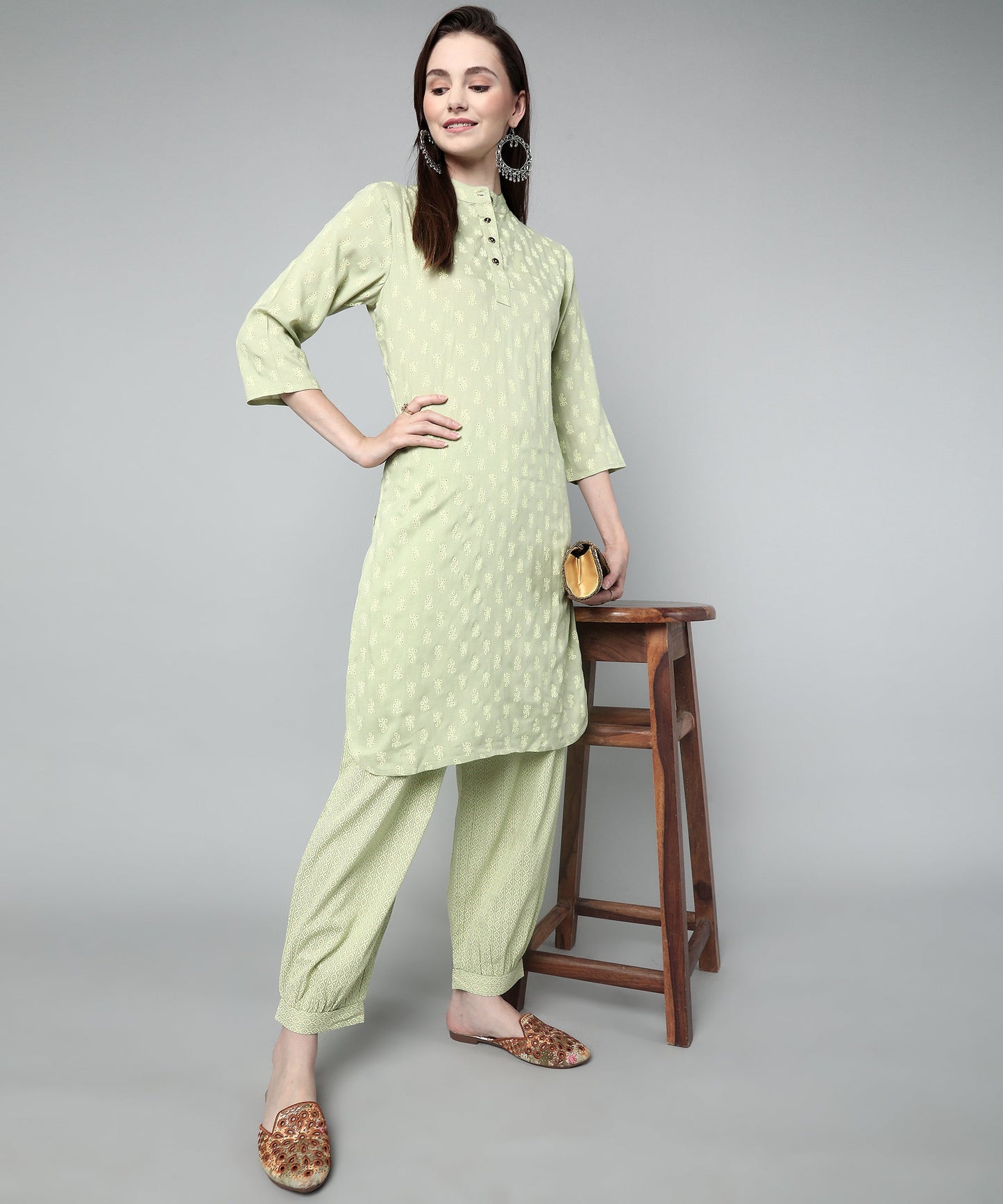 Printed Cotton Rayon Patiala Set, Light Green