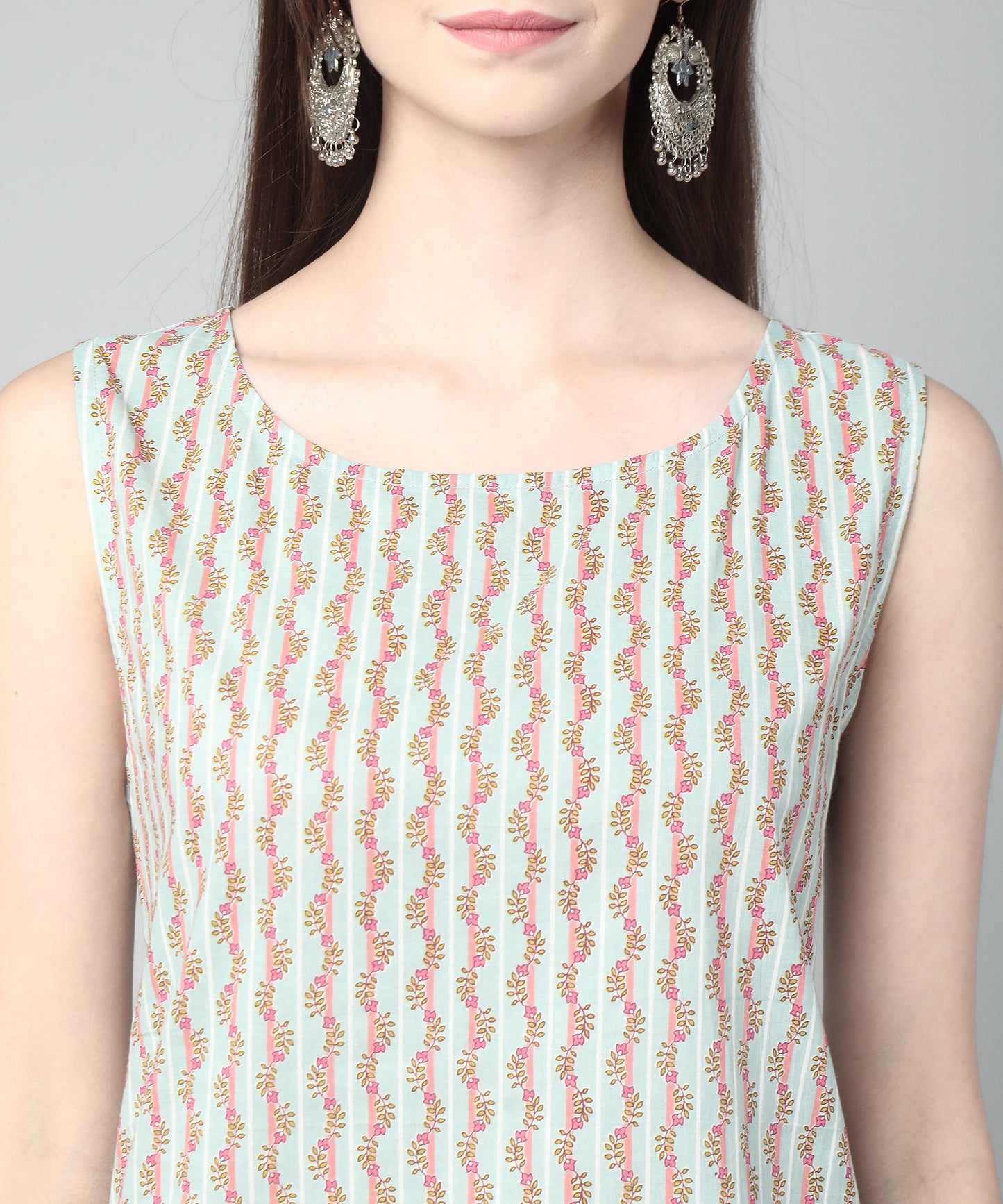 Sleeveless Striped Printed Cotton Kurta, Blue