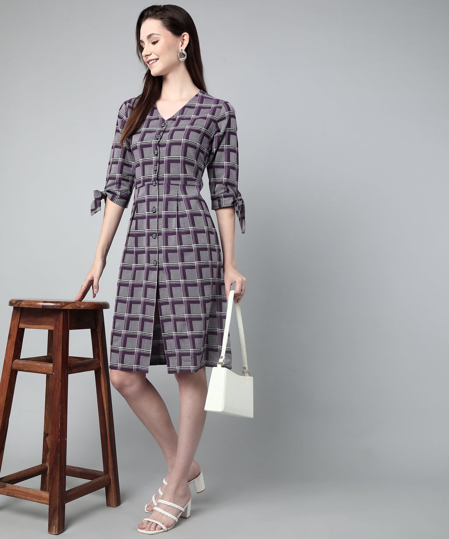 Pleated A-line Dress In Check Pattern ,Purple(A-516)