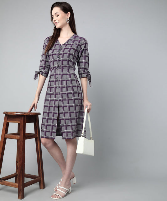 Pleated A-line Dress In Check Pattern ,Purple(A-516)