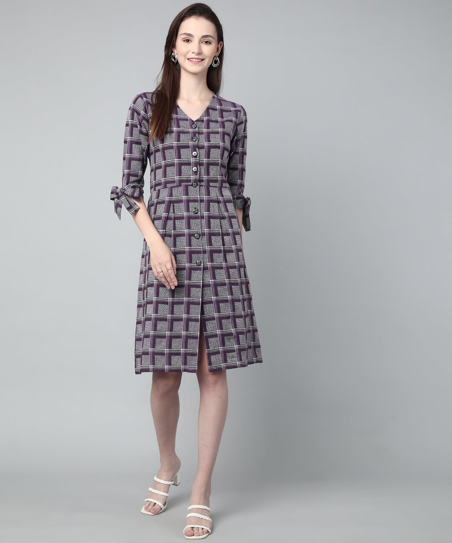 Pleated A-line Dress In Check Pattern ,Purple(A-516)