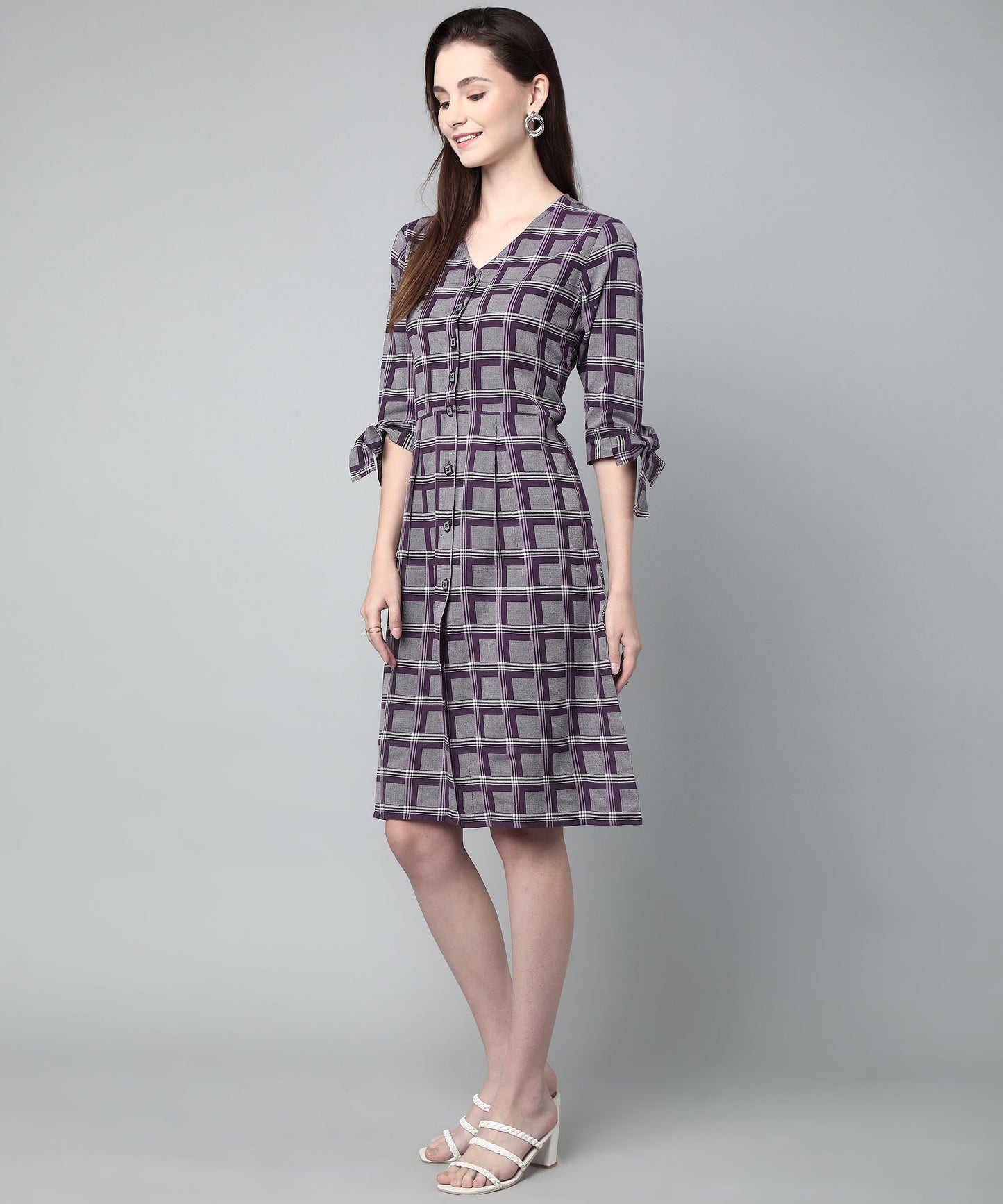Pleated A-line Dress In Check Pattern ,Purple(A-516)