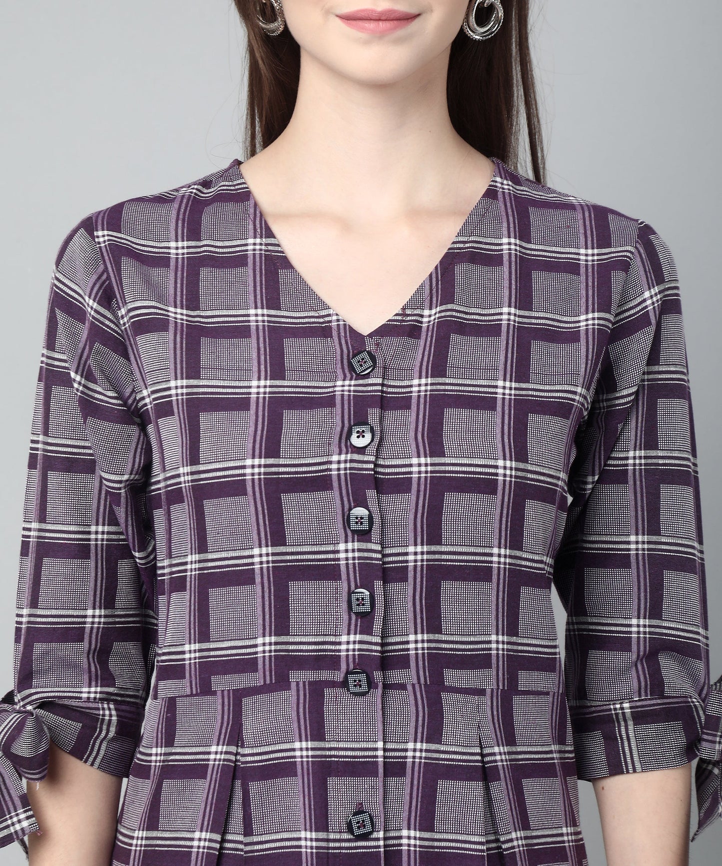 Pleated A-line Dress In Check Pattern ,Purple(A-516)