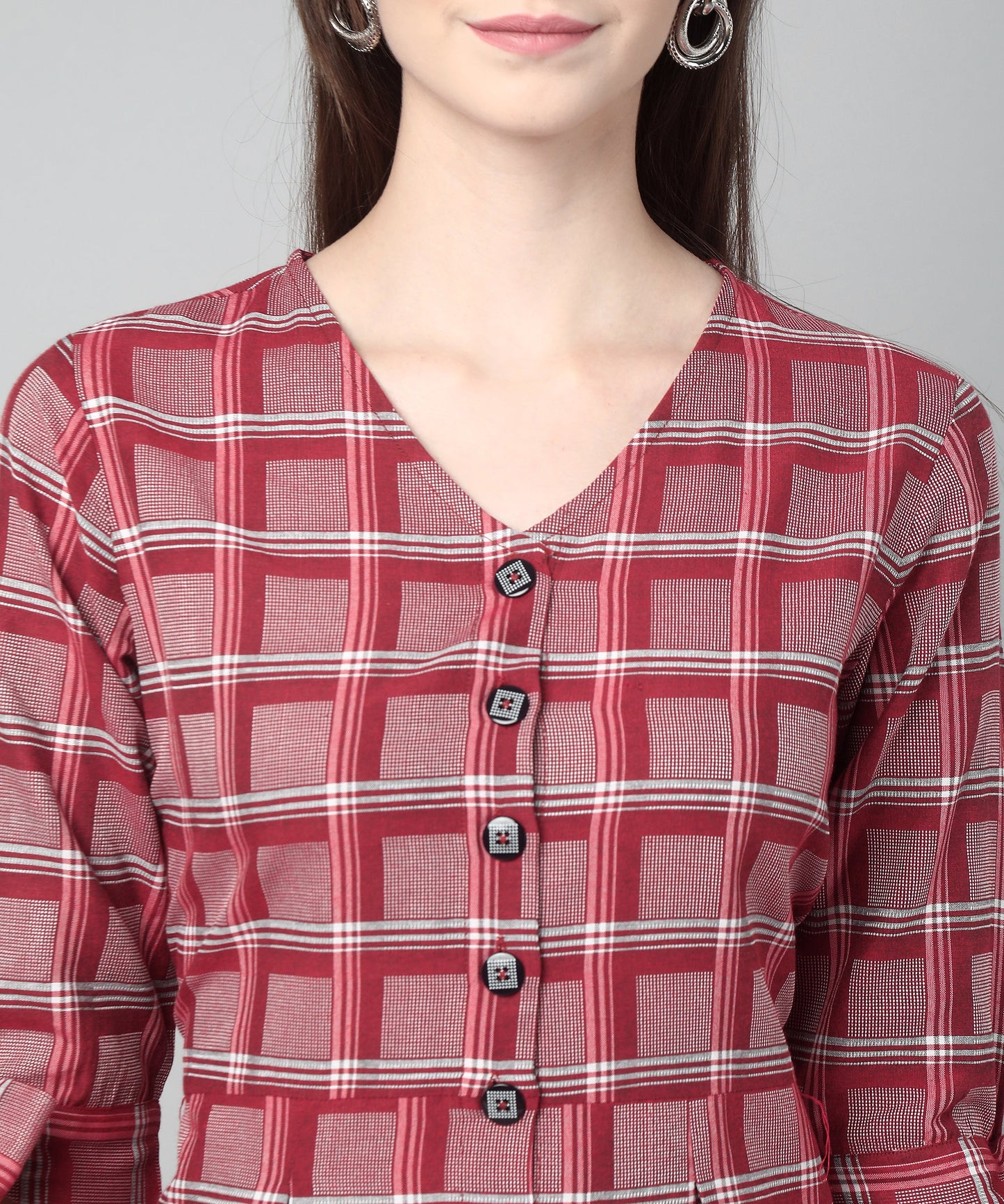 Pleated A-line Dress In Check Pattern ,Red(A-516)