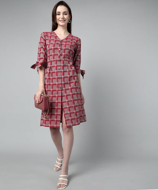 Pleated A-line Dress In Check Pattern ,Red(A-516)