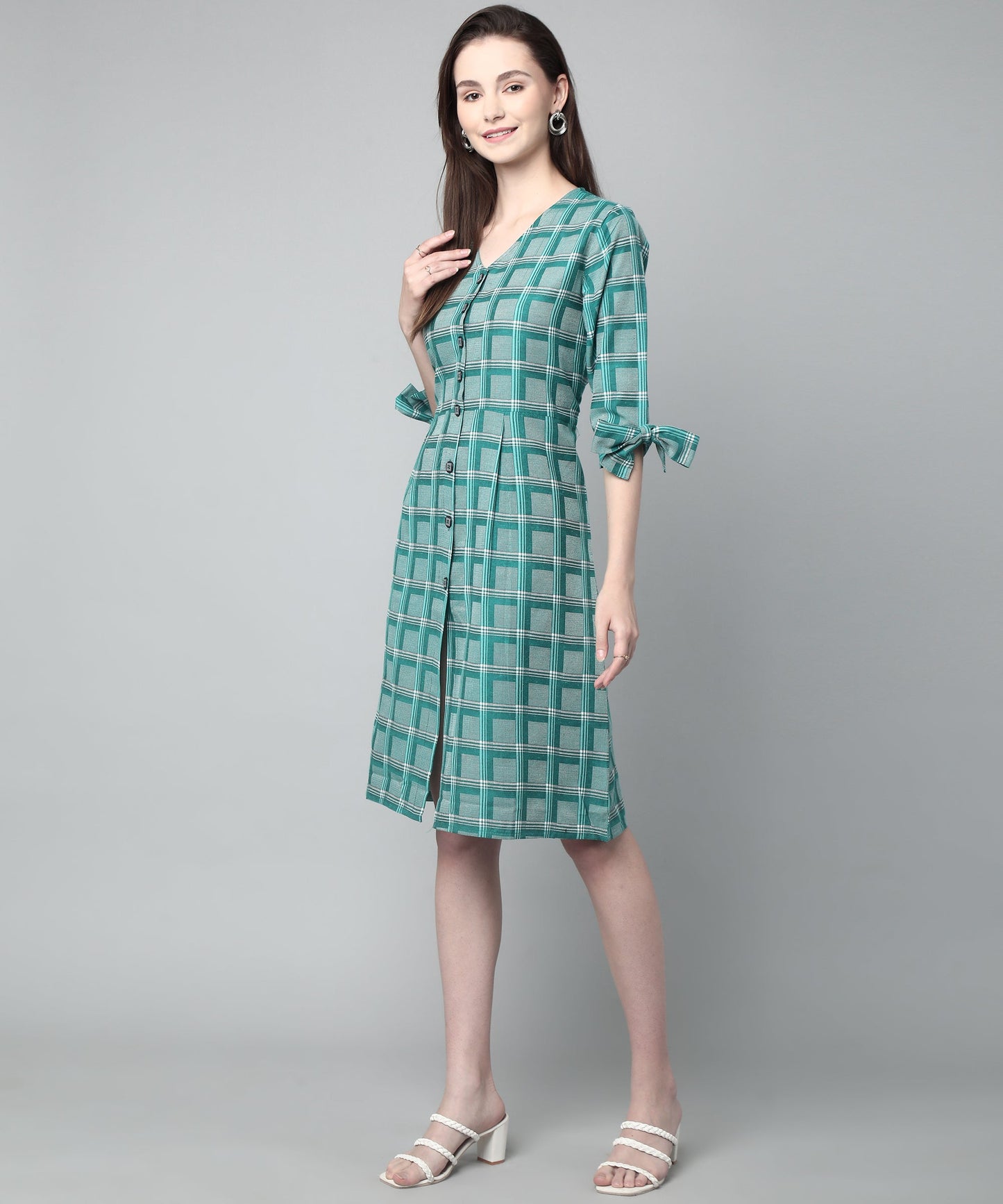 Pleated A-line Dress In Check Pattern, Green
