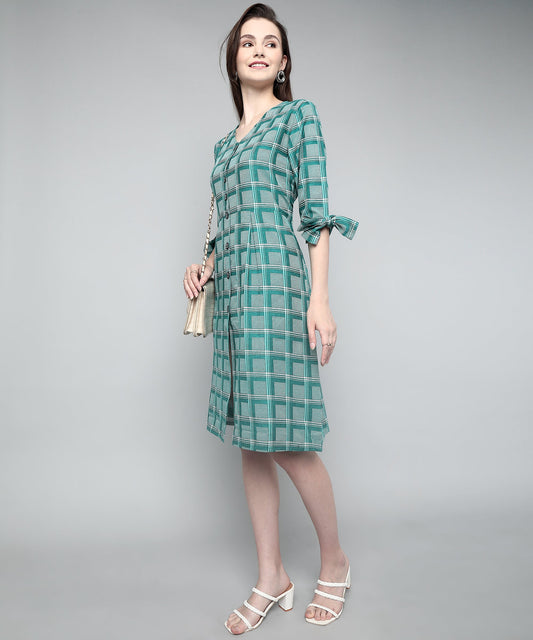 Pleated A-line Dress In Check Pattern, Green