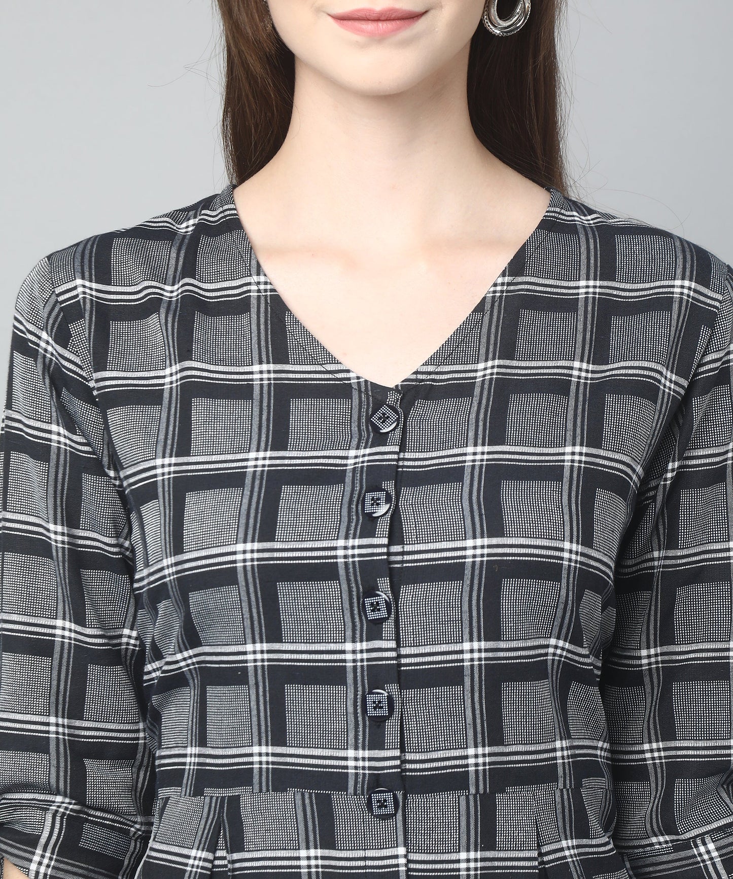 Pleated A-line Dress In Check Pattern, Black