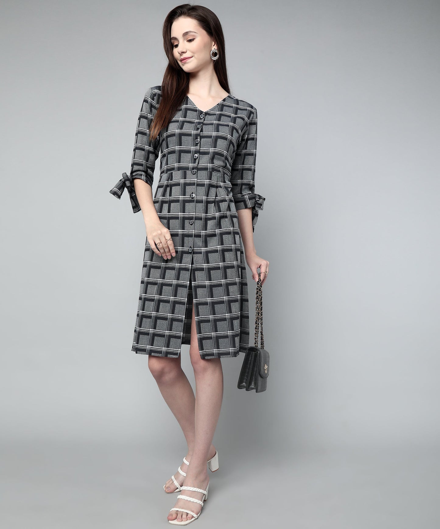 Pleated A-line Dress In Check Pattern, Black