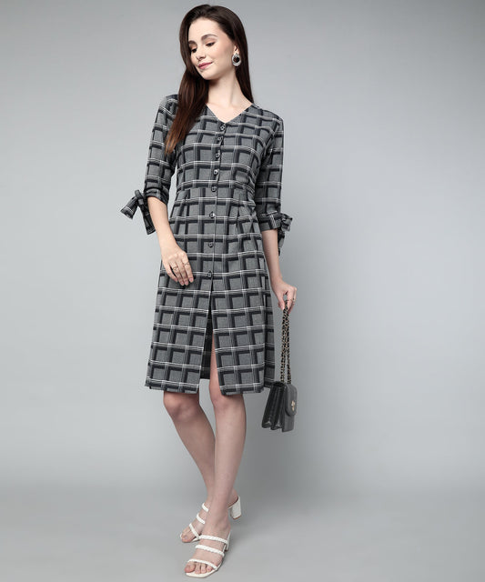 Pleated A-line Dress In Check Pattern, Black