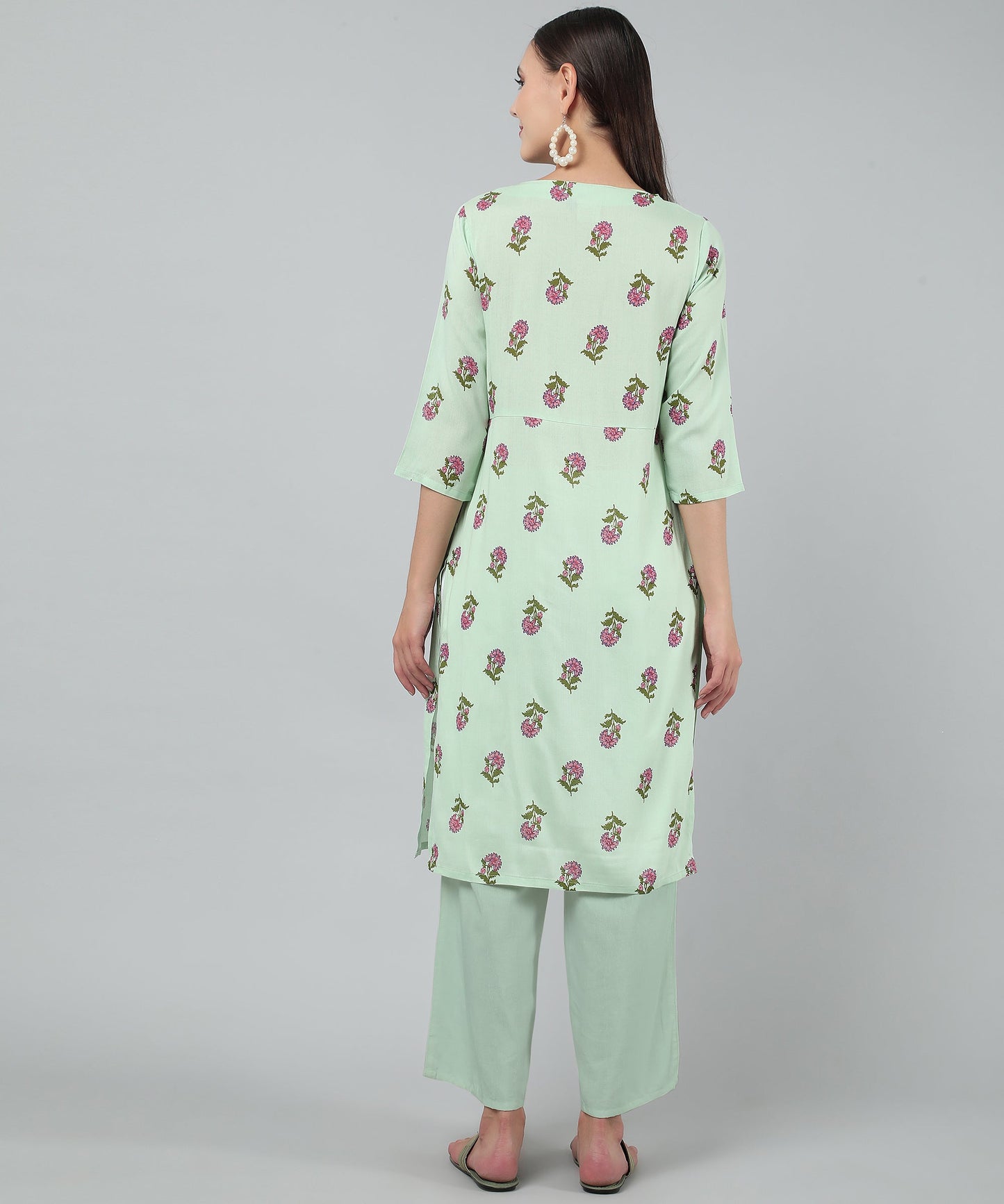 Floral Printed Rayon Cotton Kurti Knee Length With Center Pleat Stylish Design , Green