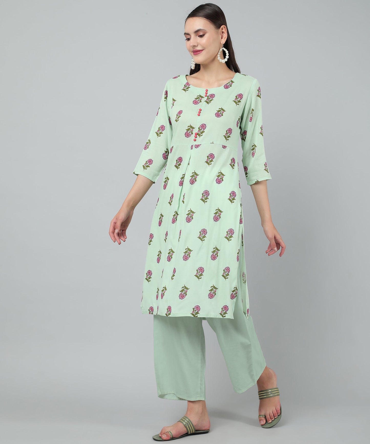Floral Printed Rayon Cotton Kurti Knee Length With Center Pleat Stylish Design , Green