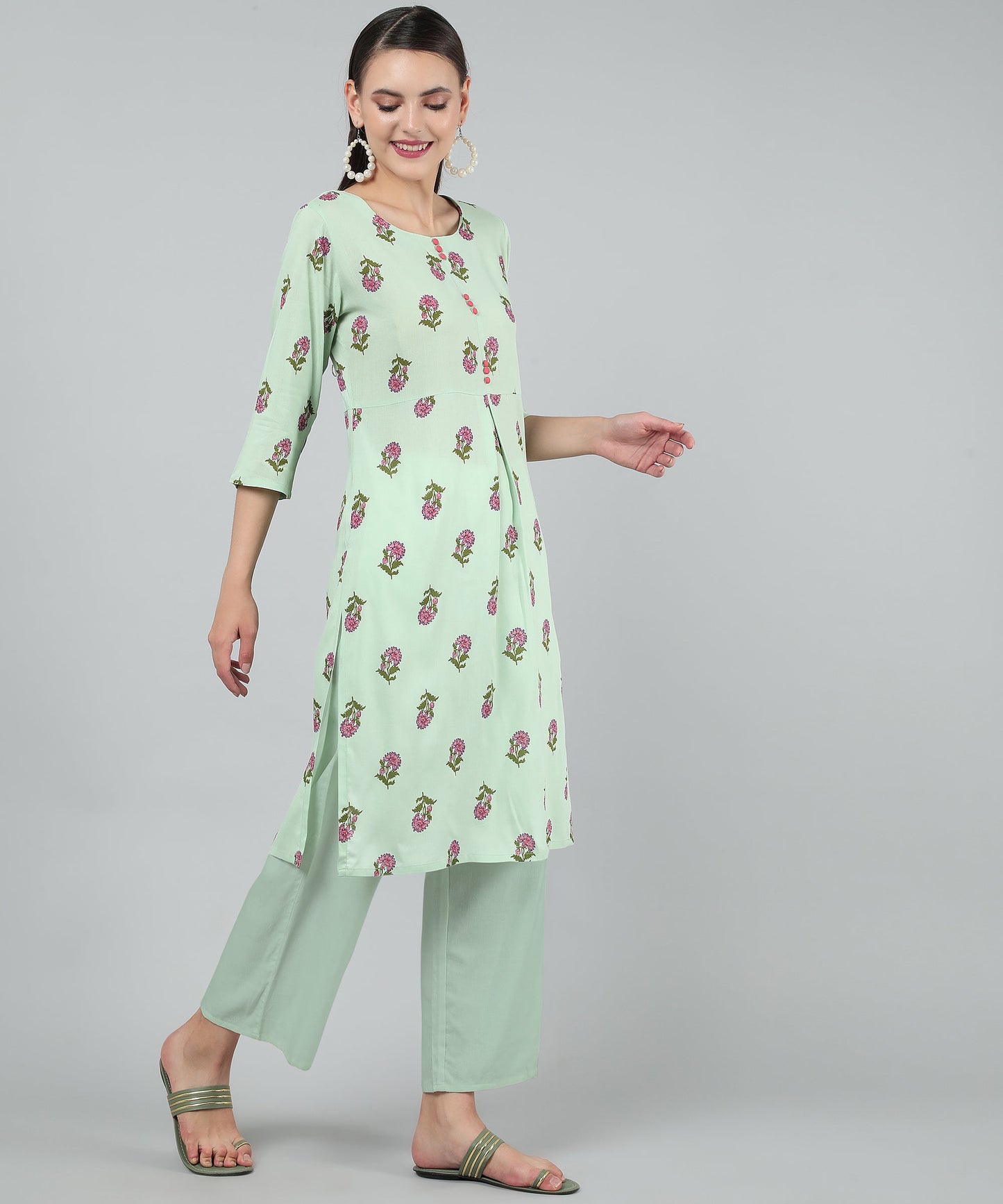 Floral Printed Rayon Cotton Kurti Knee Length With Center Pleat Stylish Design , Green