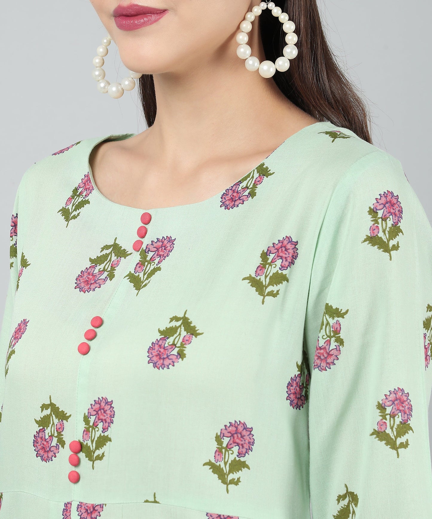 Floral Printed Rayon Cotton Kurti Knee Length With Center Pleat Stylish Design , Green