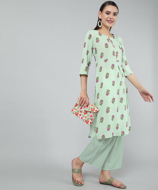 Floral Printed Rayon Cotton Kurti Knee Length With Center Pleat Stylish Design , Green