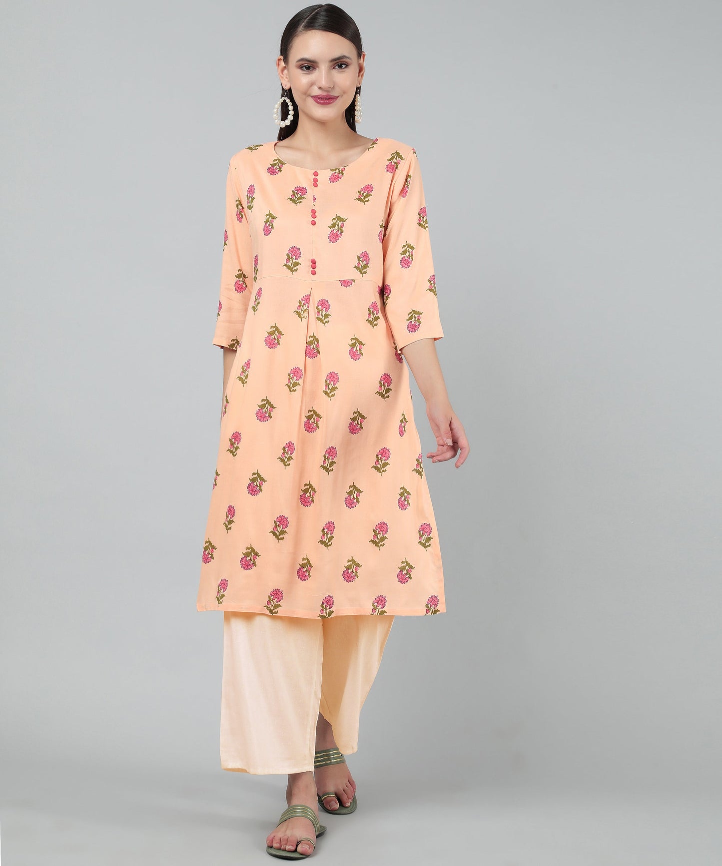 Floral Printed Rayon Cotton Kurti Knee Length With Center Pleat Stylish Design
