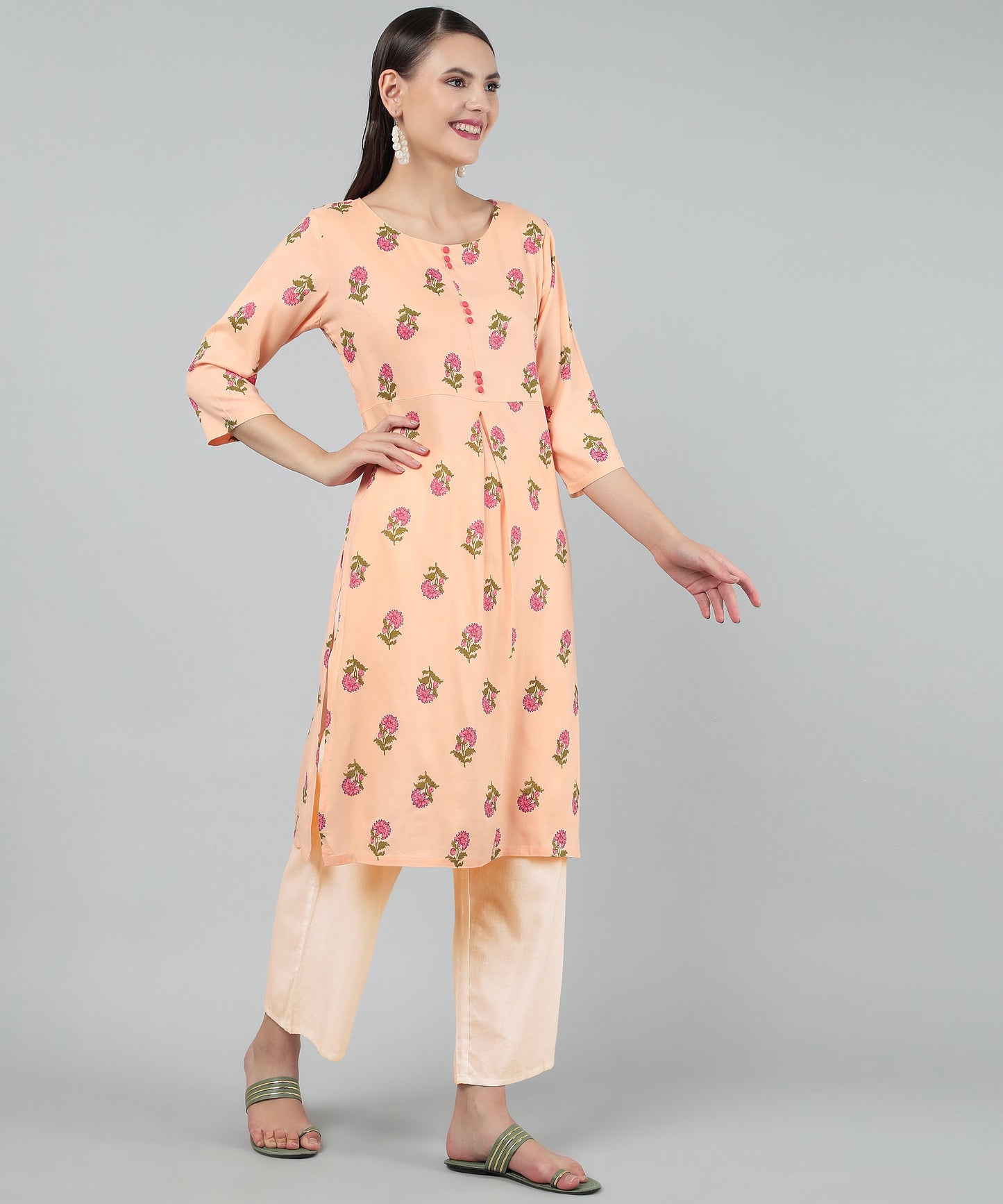 Floral Printed Rayon Cotton Kurti Knee Length With Center Pleat Stylish Design