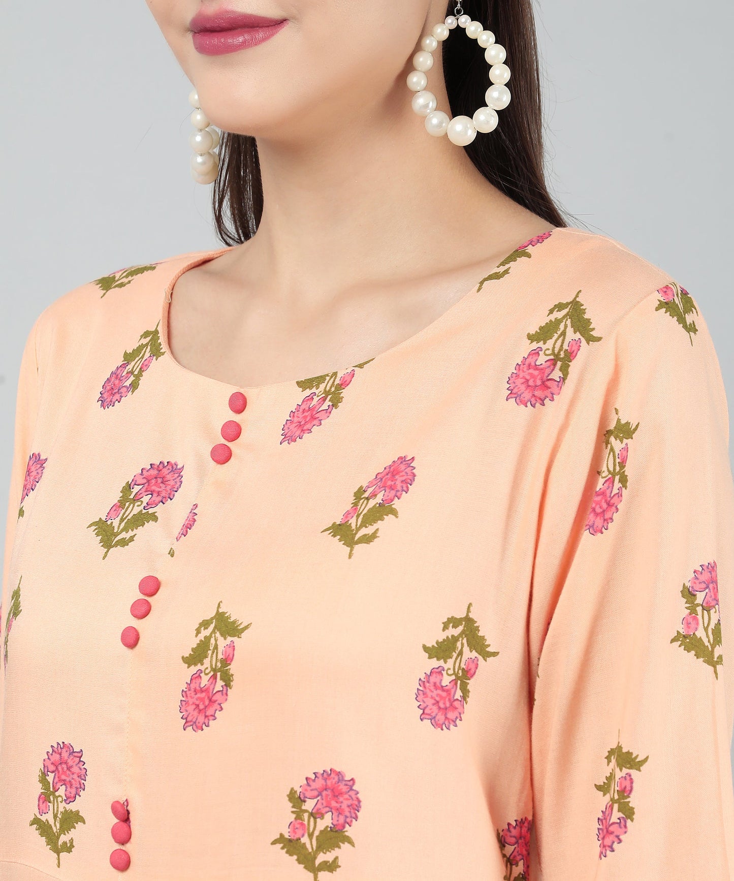 Floral Printed Rayon Cotton Kurti Knee Length With Center Pleat Stylish Design
