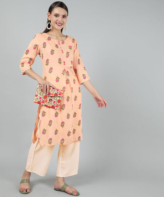 Floral Printed Rayon Cotton Kurti Knee Length With Center Pleat Stylish Design