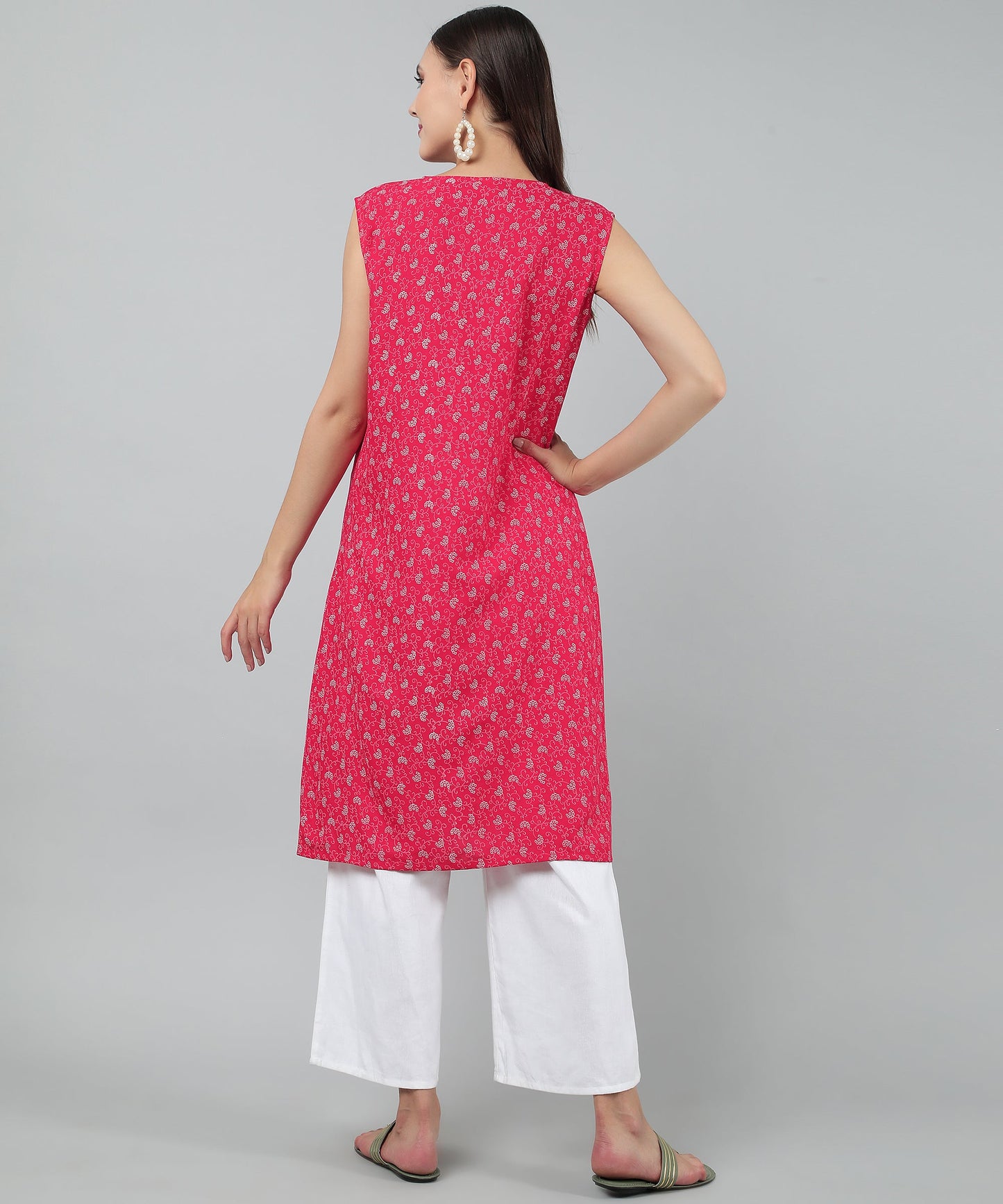 A-Line Stylish Center Slit Sleveeless Printed Cotton Kurti,Pink