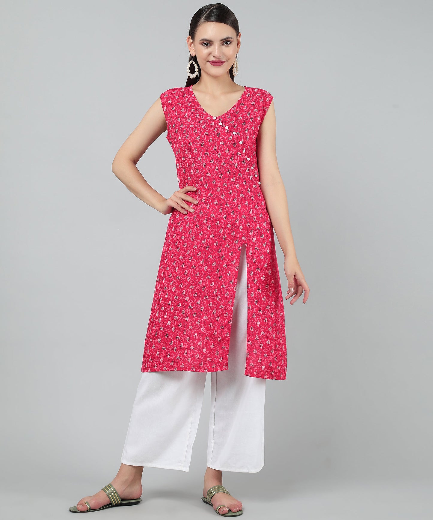 A-Line Stylish Center Slit Sleveeless Printed Cotton Kurti,Pink