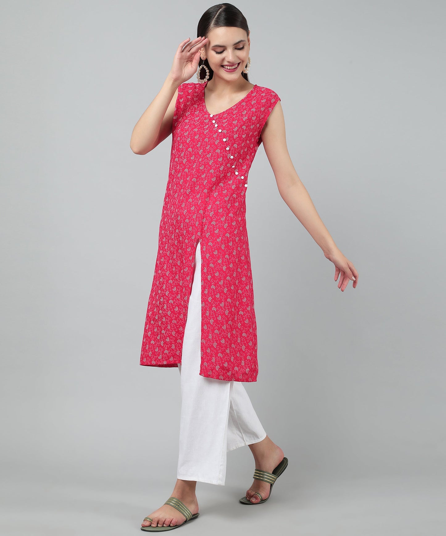 A-Line Stylish Center Slit Sleveeless Printed Cotton Kurti,Pink