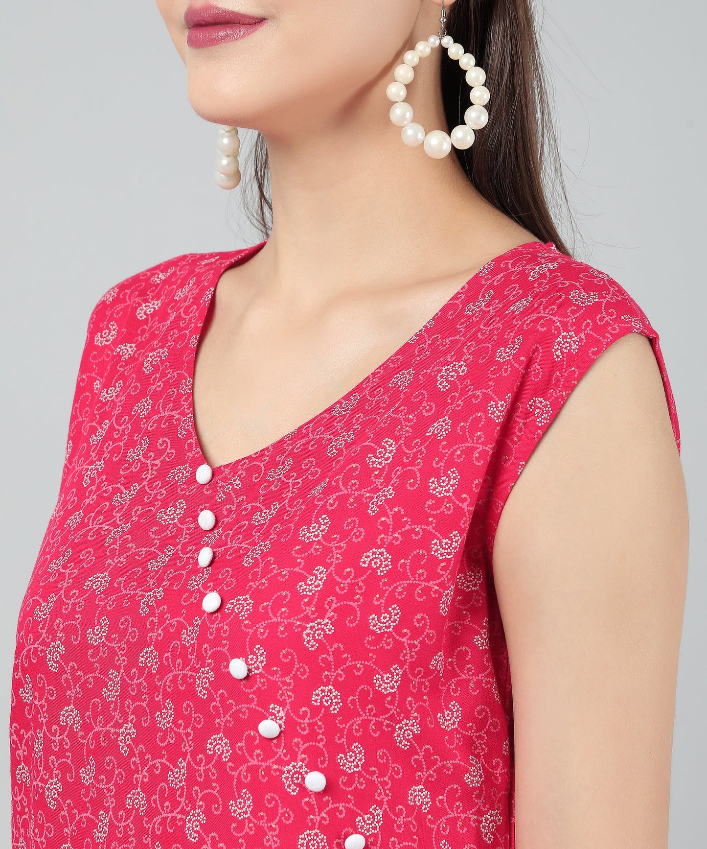A-Line Stylish Center Slit Sleveeless Printed Cotton Kurti,Pink
