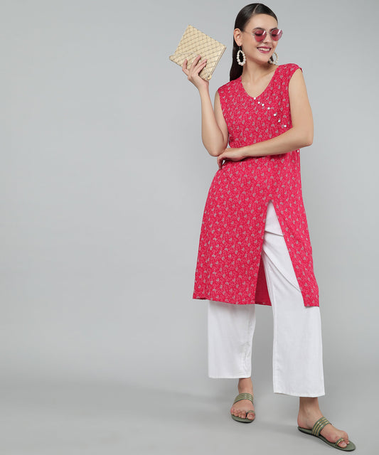 A-Line Stylish Center Slit Sleveeless Printed Cotton Kurti,Pink