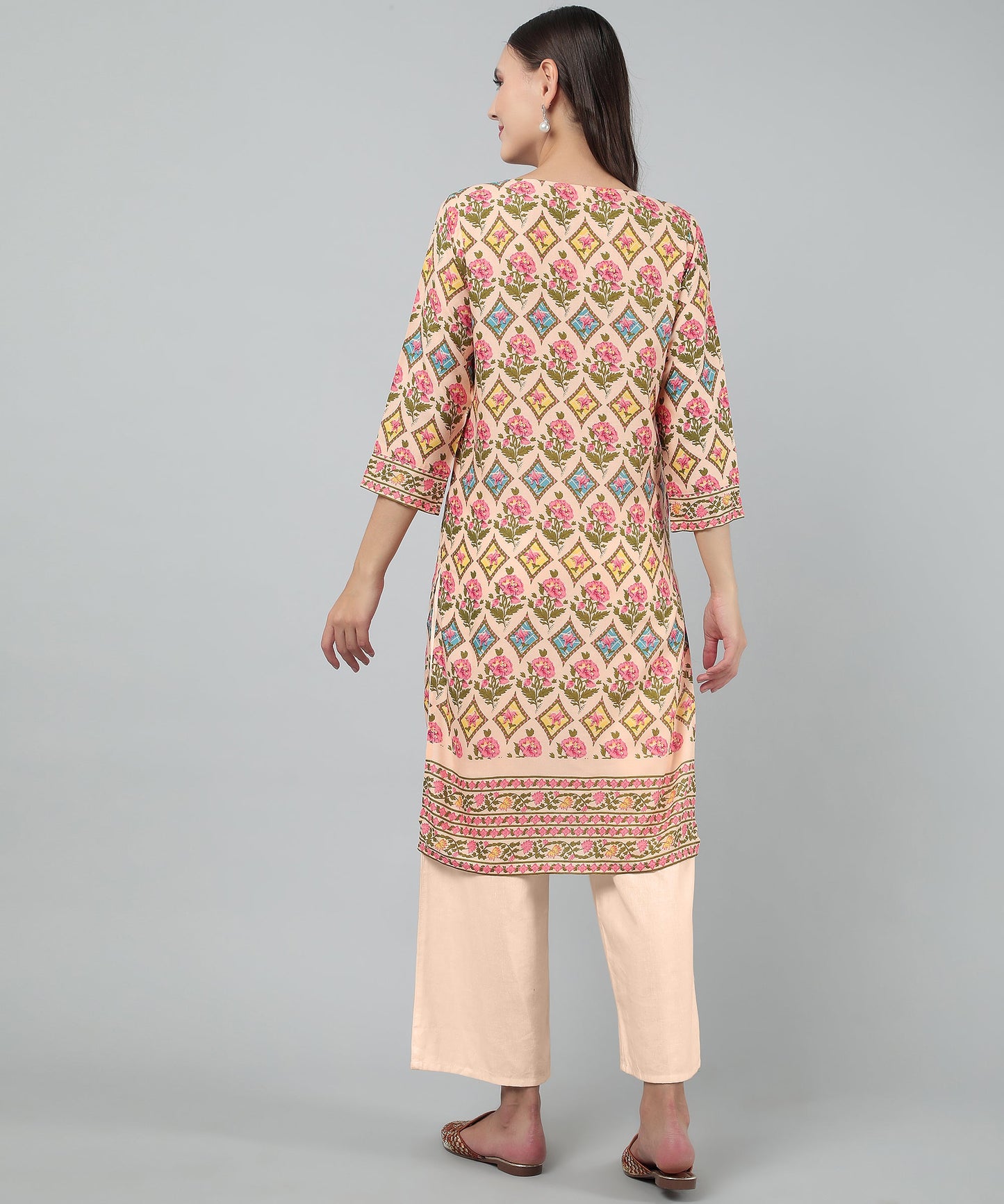 Pritned Rayon Cotton Kurti with Keyhole Neck Tassels and Drawstring,Orange