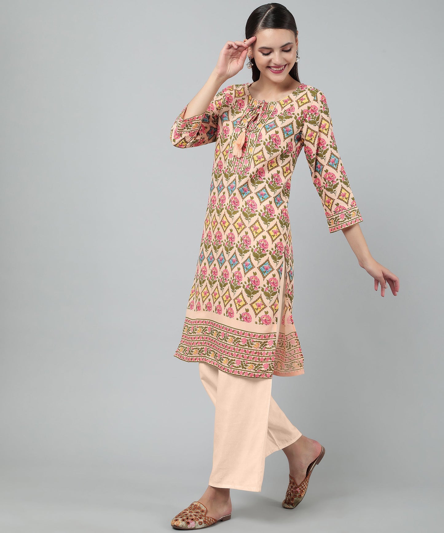 Pritned Rayon Cotton Kurti with Keyhole Neck Tassels and Drawstring,Orange